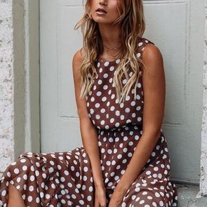 Brown Polka Dot Sleeveless Round Neck Maxi Dress